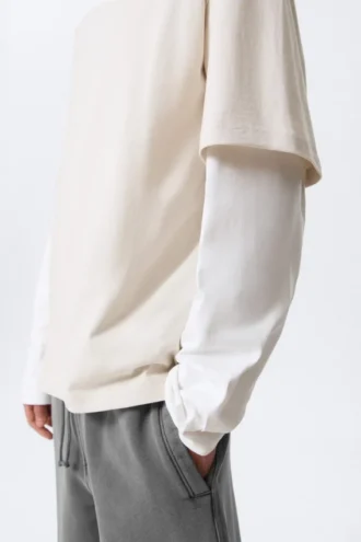 Double-Layered Cotton T-Shirt – Light Beige & White