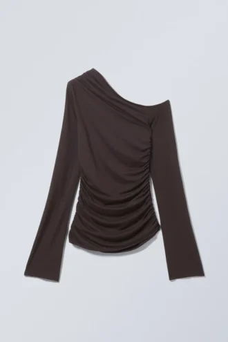 Drape Asymmetric Lyocell Top – Dark Brown