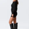 Draped Asymmetric Long-Sleeved Mini Dress – Black