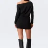 Draped Asymmetric Long-Sleeved Mini Dress – Black