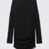 Draped Asymmetric Long-Sleeved Mini Dress – Black