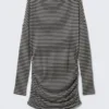 Draped Asymmetric Long-Sleeved Mini Dress – Black & Grey Stripes