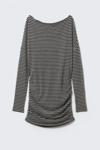 Draped Asymmetric Long-Sleeved Mini Dress – Black & Grey Stripes