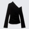 Draped Asymmetric Velvet Mesh Top – Black