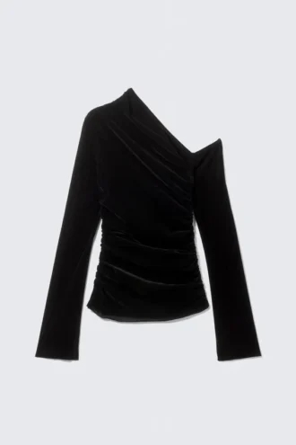 Draped Asymmetric Velvet Mesh Top – Black