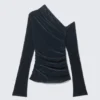 Draped Asymmetric Velvet Mesh Top – Dark Blue