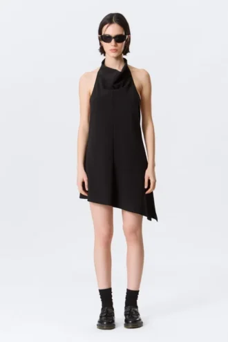 Draped Halter Cowl Neck Midi Dress – Black