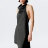 Draped Halter Cowl Neck Midi Dress – Striped Dark Grey