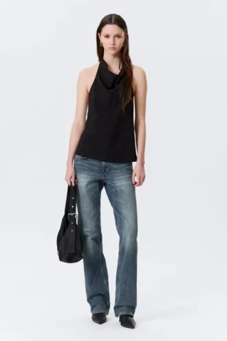 Draped Halter Cowl-Neck Top – Black
