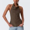 Draped Halter Cowl-Neck Top – Striped Brown