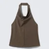 Draped Halter Cowl-Neck Top – Striped Brown