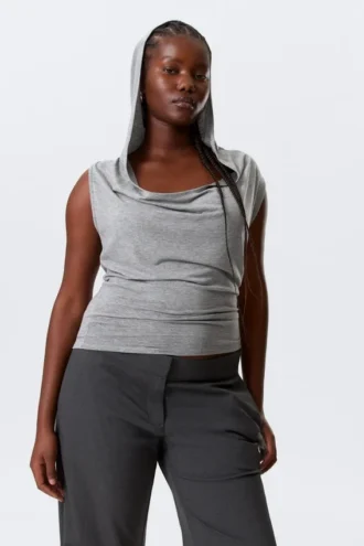 Draped Hooded Sleeveless Lyocell Top – Grey Melange