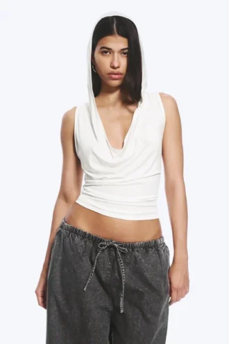 Draped Hooded Sleeveless Lyocell Top – White