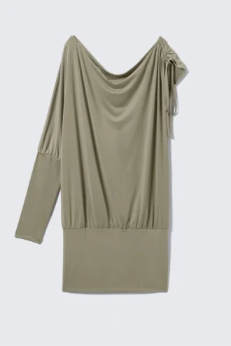 Draped Jersey One-Sleeved Dress – Khaki Green
