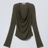 Draped Long-Sleeved Top – Dark Khaki Green