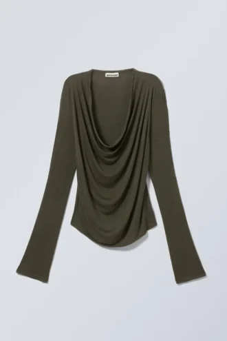 Draped Long-Sleeved Top – Dark Khaki Green