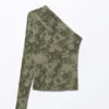 Draped One-Shoulder Nylon Top – Khaki Green – Spray Flowers