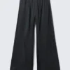 Draped Wide-Leg Satin Trousers – Dark Grey