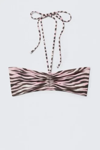 Drawstring Bandeau Halter Bikini Top – Pink – Tiger Stripes