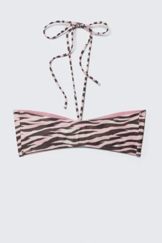 Drawstring Bandeau Halter Bikini Top – Pink – Tiger Stripes
