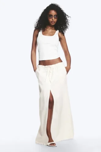 Drawstring Cotton Canvas Maxi Skirt – White