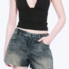 Duchess Low Rise Distressed Mini Denim Shorts – Baltic Blue – Dark Blue