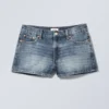 Duchess Low Rise Distressed Mini Denim Shorts – Spinel Blue