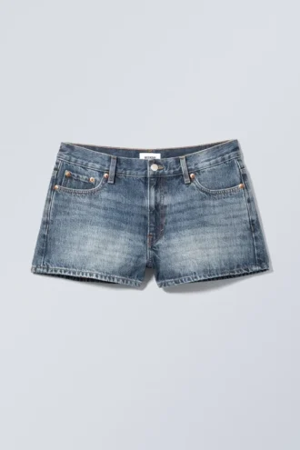 Duchess Low Rise Distressed Mini Denim Shorts – Spinel Blue