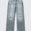 Dynasty Low Rise Loose Wide Leg Jeans – Torn Blue – Medium Blue