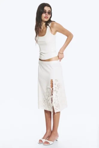 Embroidered Knee Length Cotton Skirt – White