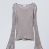 Enora Sheer Knit Long Sleeve Top – Light Grey