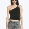 Eyelet Detail Asymmetric Tank Top – Black