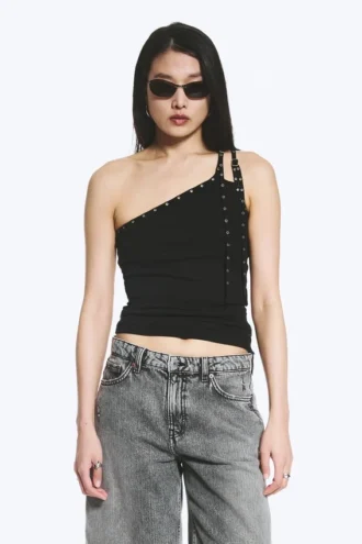 Eyelet Detail Asymmetric Tank Top – Black