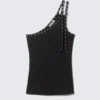 Eyelet Detail Asymmetric Tank Top – Black