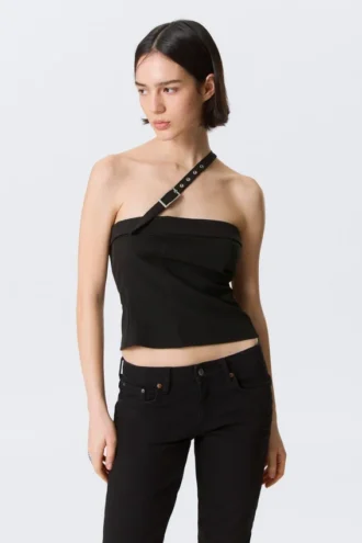Faustina C One-Shoulder Buckle Suiting Top – Black