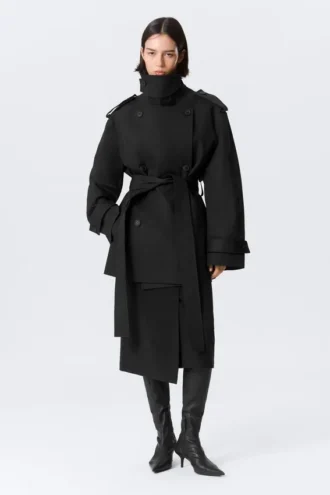 Faustina C Oversized Double-Breasted Trench Coat – Black