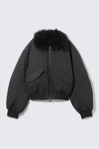 Faux Fur Collar Bomber Jacket – Dark Grey