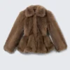 Faux Fur Peplum Jacket – Brown