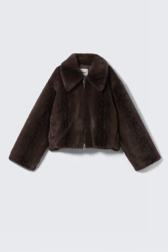 Faux Fur Zip Jacket – Dark Brown