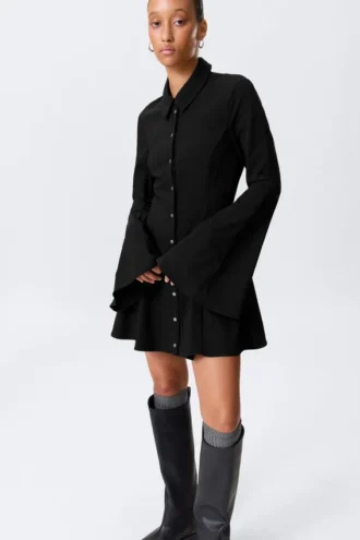 Fit-And-Flare Mini Shirt Dress – Black