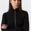 Fitted Long-Sleeved Mock-Neck Zip Top – Black