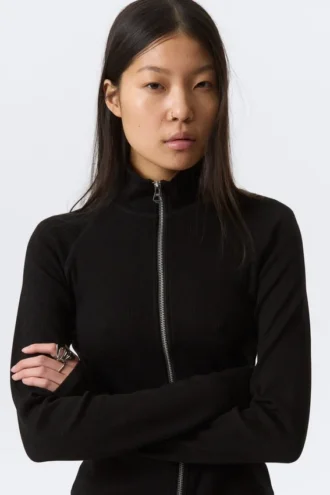 Fitted Long-Sleeved Mock-Neck Zip Top – Black