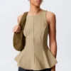 Fitted Nylon Peplum Top – Beige