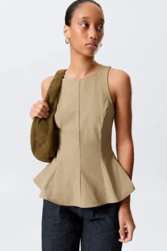 Fitted Nylon Peplum Top – Beige