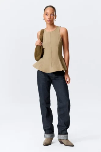 Fitted Nylon Peplum Top – Beige