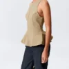 Fitted Nylon Peplum Top – Beige