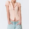 Fitted Short-Sleeved Resort Shirt – Striped Peachy Pink