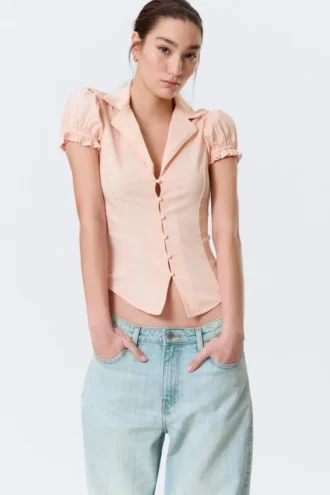 Fitted Short-Sleeved Resort Shirt – Striped Peachy Pink