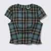 Fitted Short-Sleeved Twill Top – Turquoise & Yellow Checks