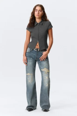 Fitted Short-Sleeved Zip Top – Dark Grey Melange